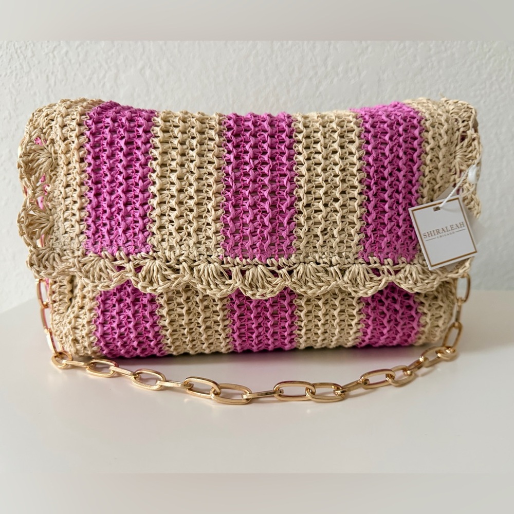 Shiraleah | Pink and Raffia Striped Clutch with gold chain